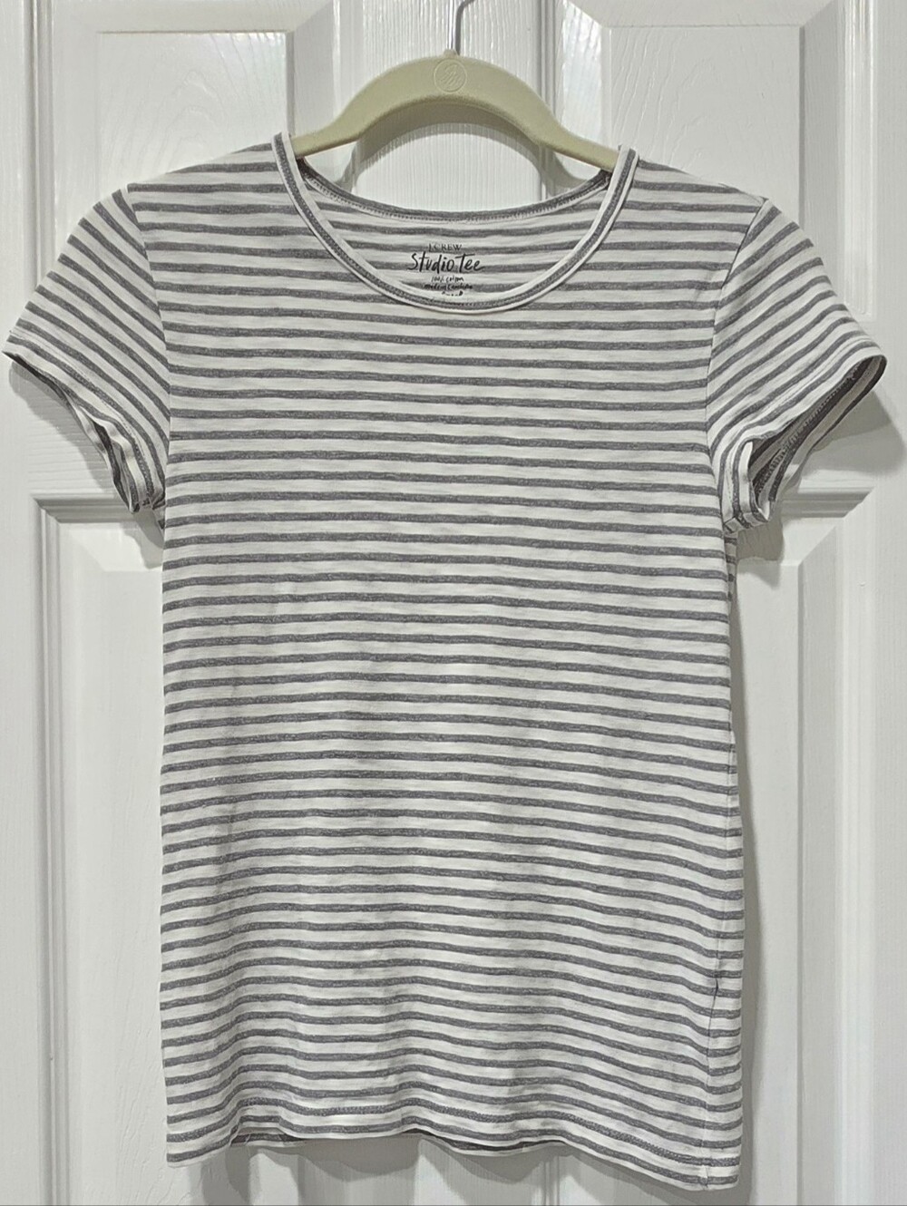 J. Crew Factory Women's Grey & White Striped Cotton Studio Baby Tee Shirt Sz XXS